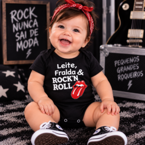 Body Infantil Leite, Fralda & Rock in Roll